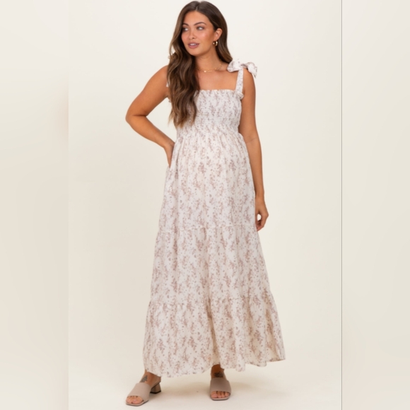 Pinkblush Maternity Dress NWT Shoulder Tie Maxi Ivory Floral - Picture 2 of 5